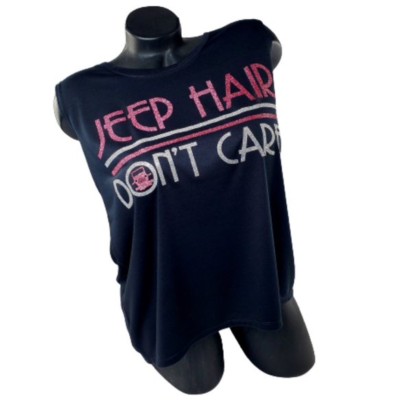 Jeep Hair Don't Care Black Sleeveless Tee with Hi-Lo Bottom Hem. - Picture 2 of 7